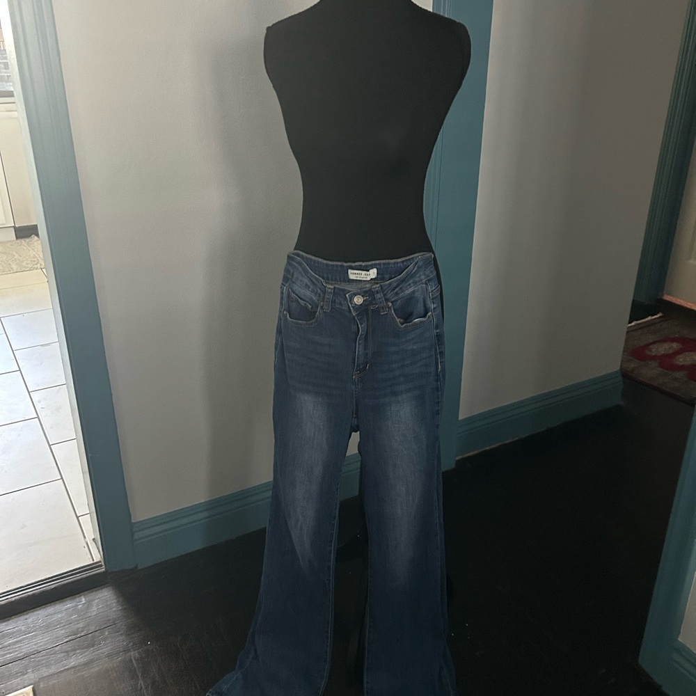 Blue Flare Wide Leg Jeans with Distressed Details